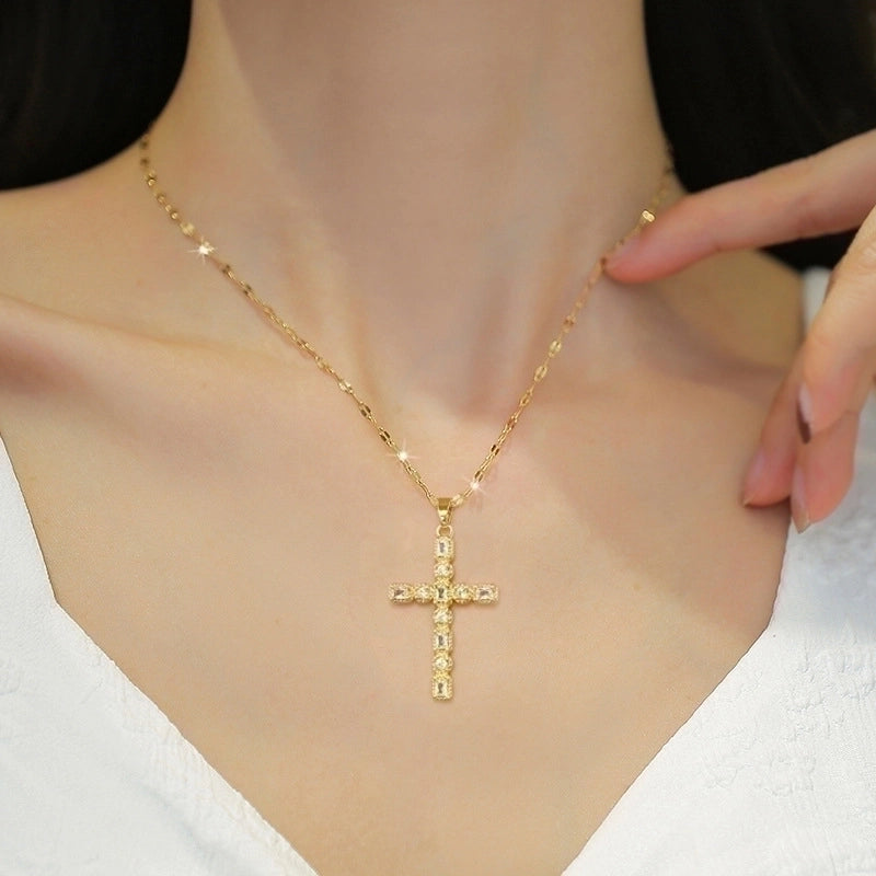 Retro Cross Titanium Steel Copper Inlay Zircon Pendant Necklace4