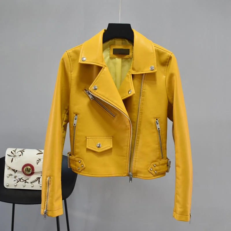 FTLZZ Women Black Faux Leather Jackets Pu Motorcycle Zipper Faux Soft Leather Rivet Zipper Red Pink Turn-down Collar Outerwear