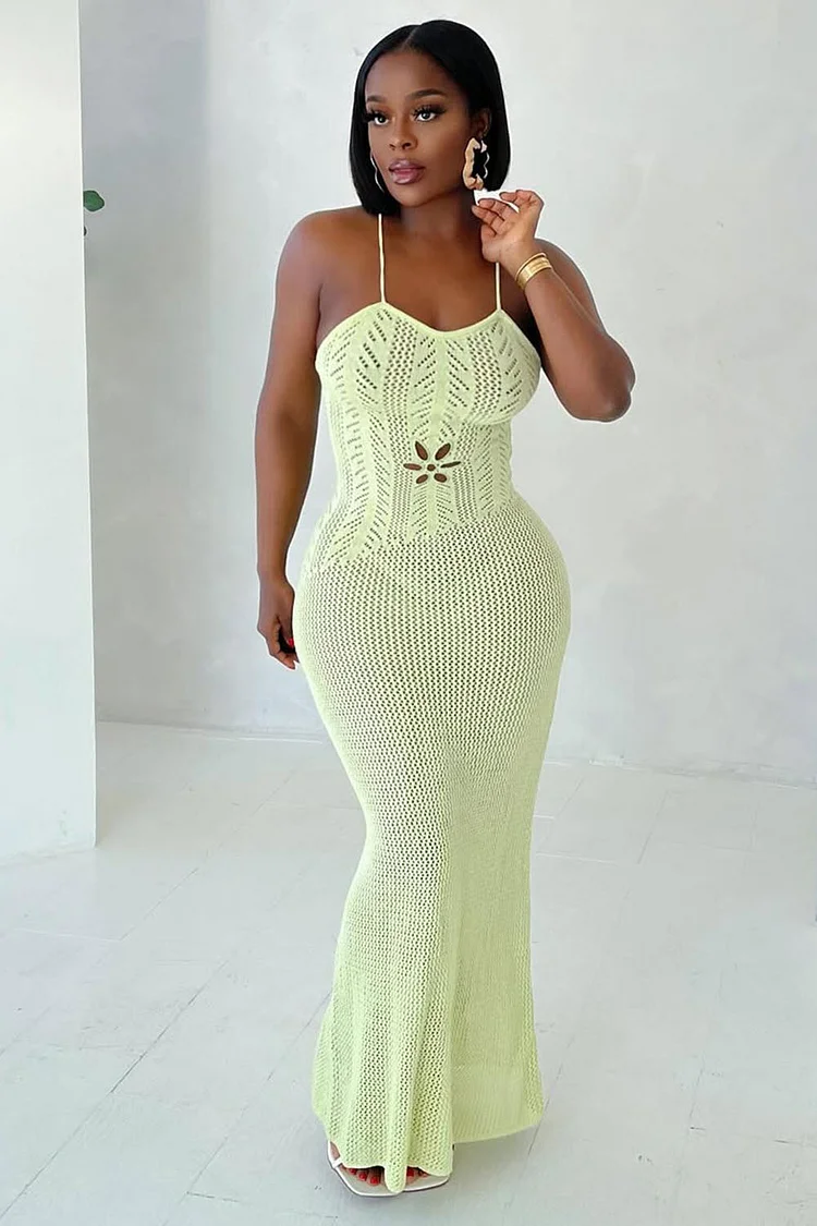 Halter Pattern Hollow Out Knit Vacay Fishtail Maxi Dresses-Yellow