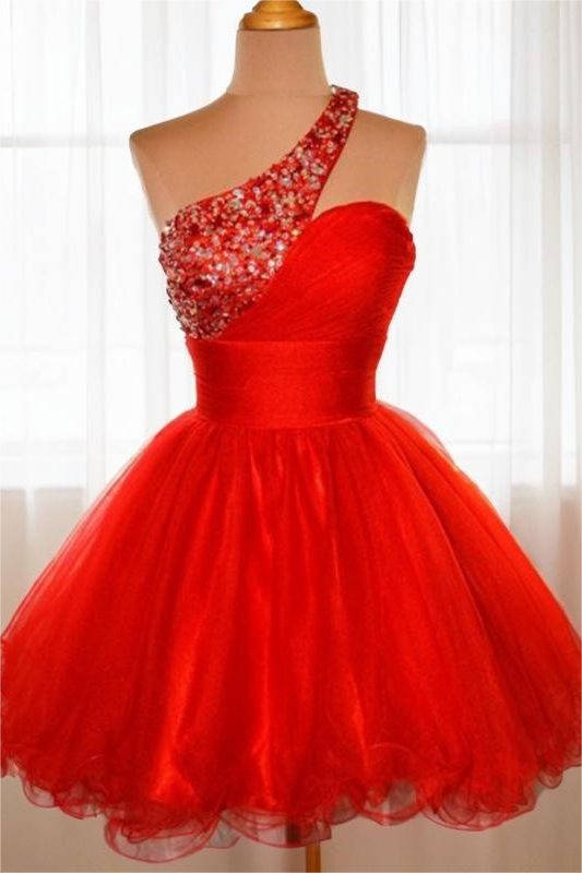 Lvs&Broner Chic Red One Shoulder Sleeveless A Line Homecoming Dress With Beadings