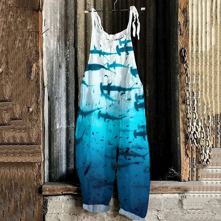 Retro Ocean Deep Sea Shark Art Print Linen Loose Casual Jumpsuit