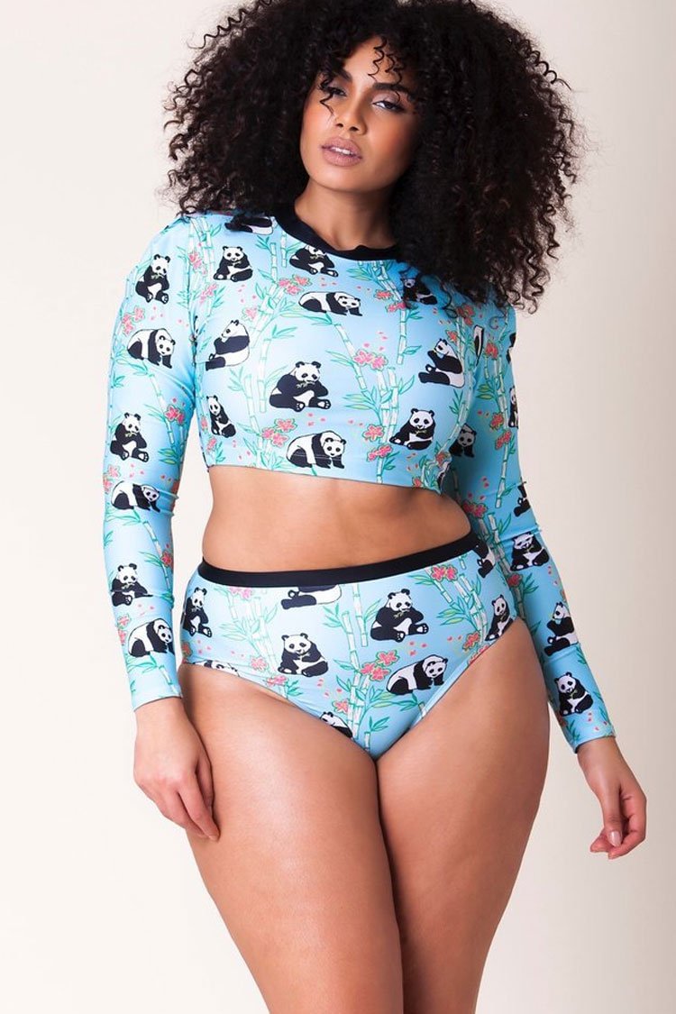 Plus Size Panda High Waist Sleeved Crop Bikini Swimsuit - Two Piece Set-elleschic