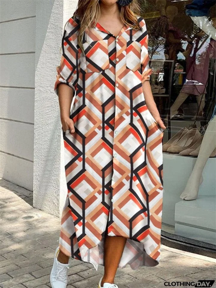 Ladies Fashion Sexy Print V- Neck Long Vintage Dresses