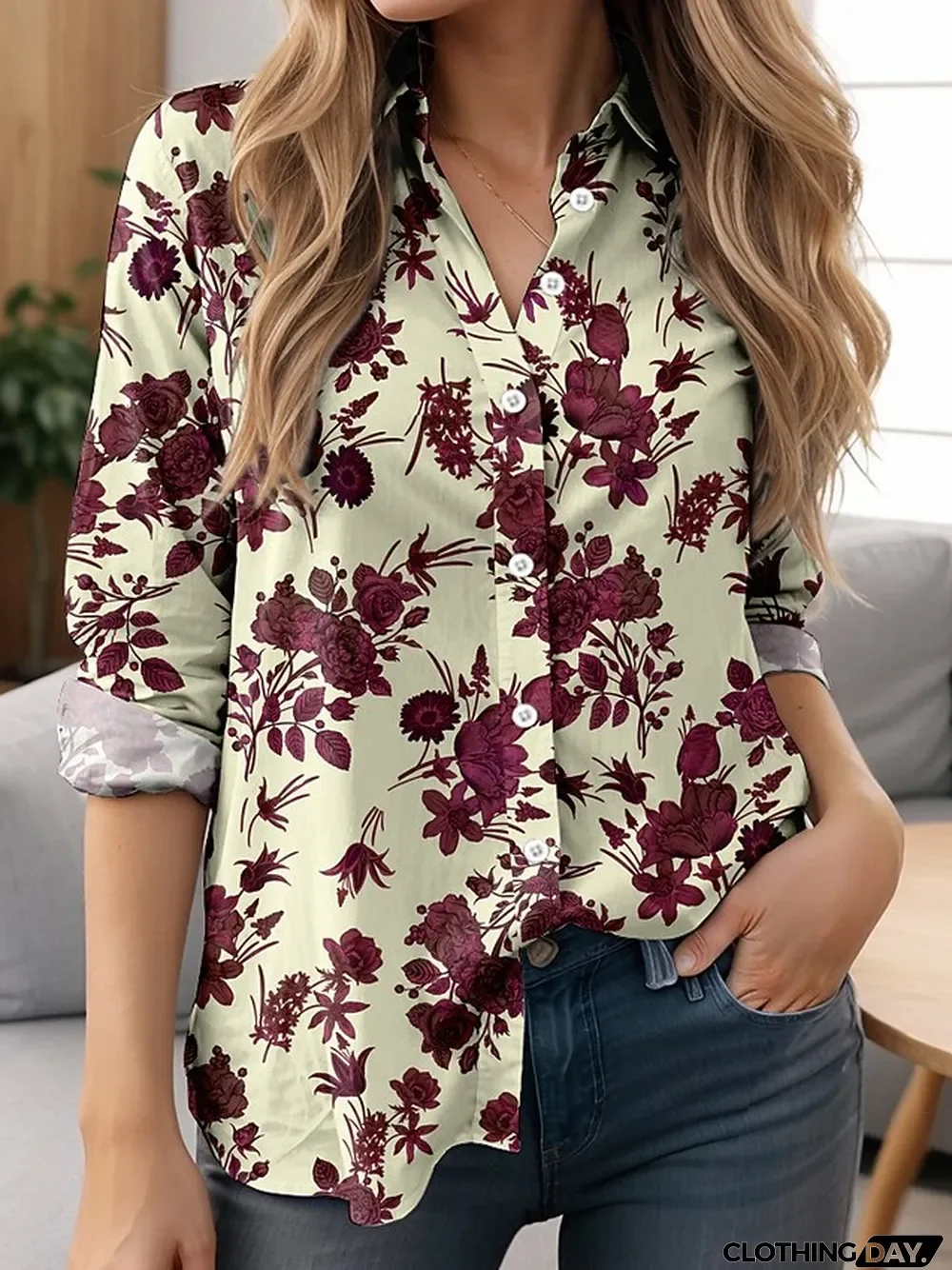 Women's Shirt Blouse Floral Casual Holiday Pink Red Blue Print Button Long Sleeve Fashion Shirt Collar Regular Fit Spring & Fall