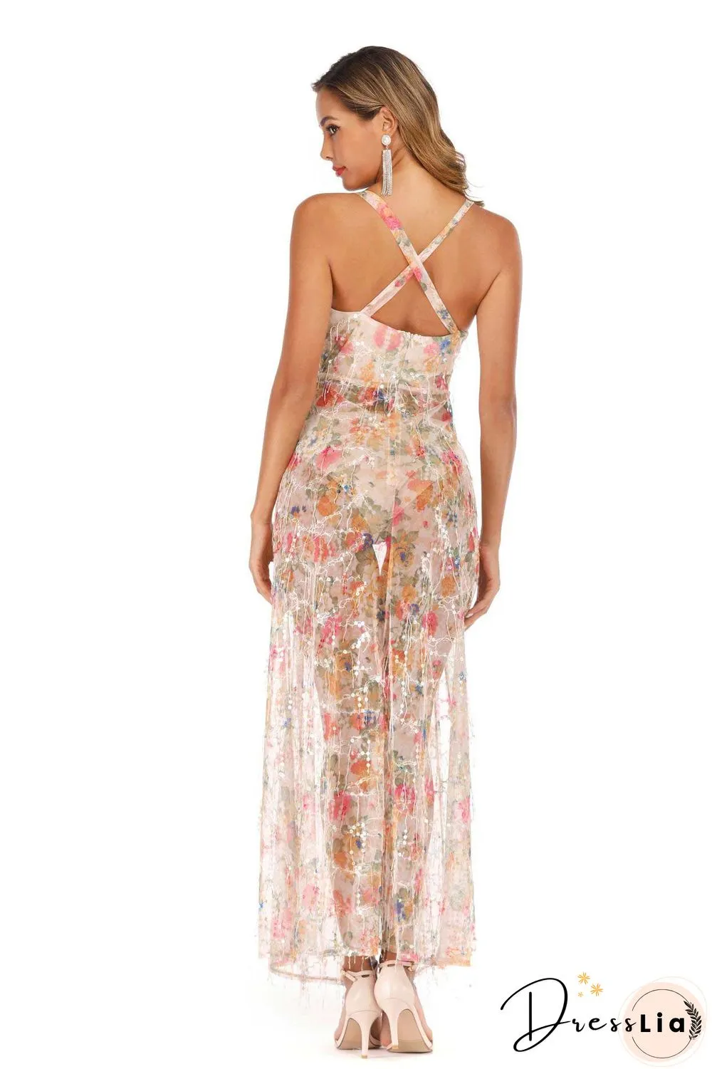 Sequined See Through Slit Tasseled Long Dress