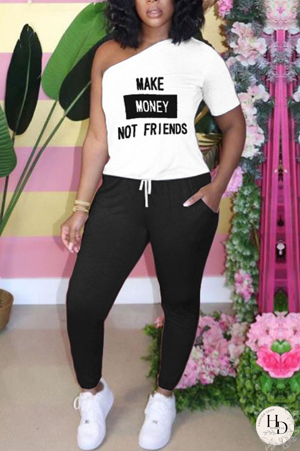 Black Casual Print Asymmetrical Two Piece Suits Harlan Pants Short Sleeve Two Pieces