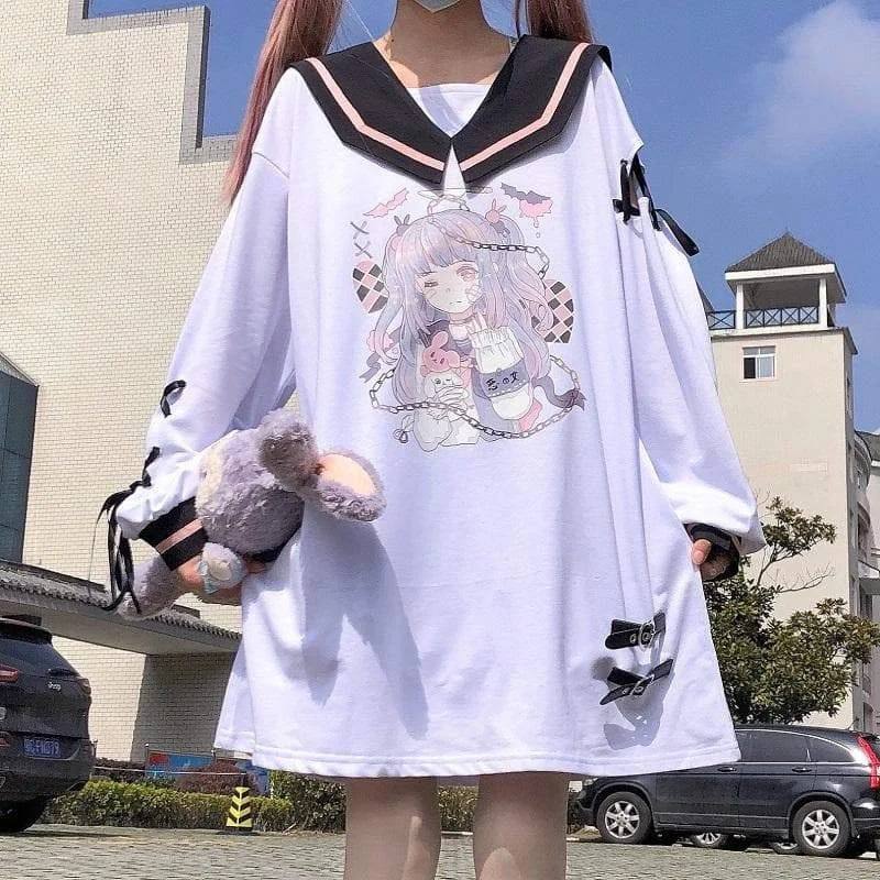 Cute White Anime Print Sweatshirt SP15897