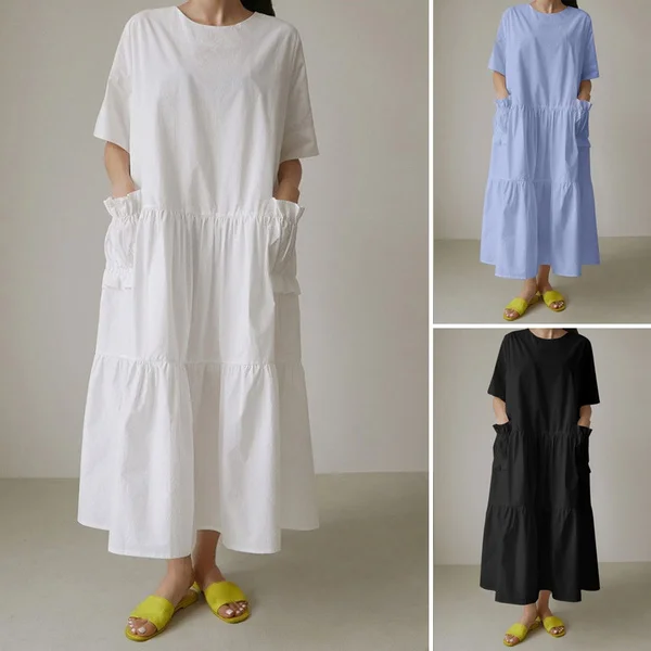 ZANZEA Women Summer Short Sleeved Ruffled Hem Casual Loose Long Dress Solid Color Dresses