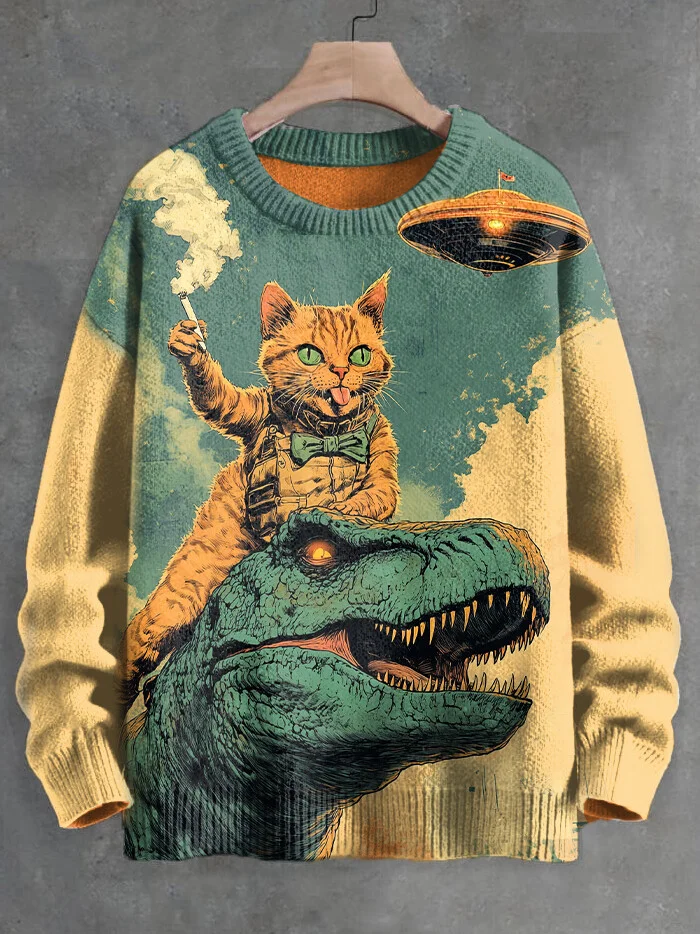 Men's Retro Western Cat Driving Dinosaur UFO Art Print Knit Sweatshirt