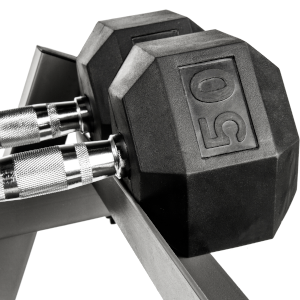 Top shelf of the XMark 3107.1 3-Tier Dumbbell Rack showing taller shelf lip to hold larger dumbbells