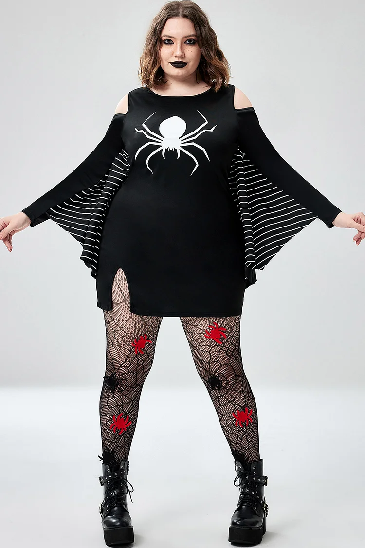 Xpluswear Design Plus Size Halloween Costumes Black Spider Print Cold Shoulder Mini Dress (Only Dress)