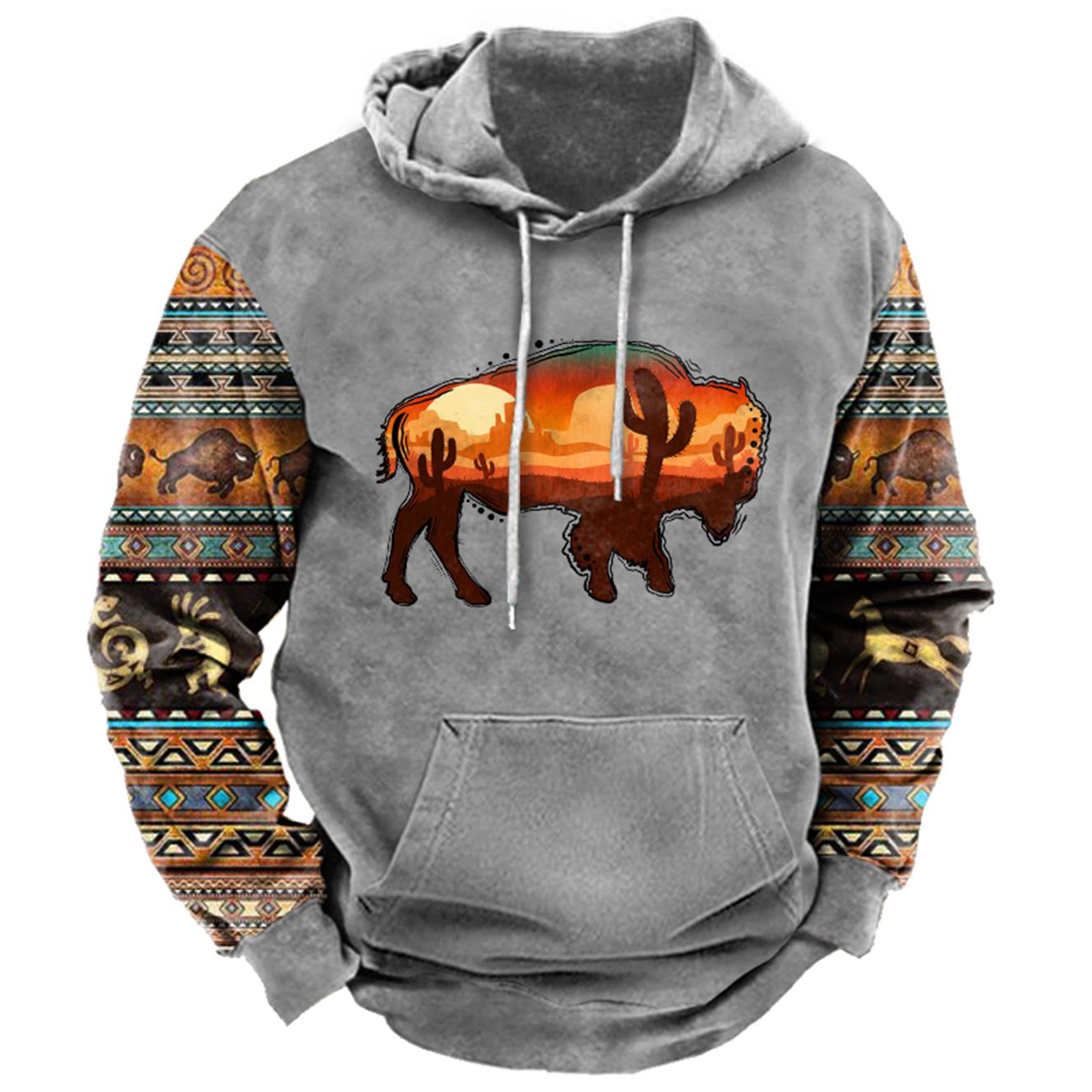Men's Ethnic Geometric Western Buffalo Print Hoodie / TECHWEAR CLUB / Techwear