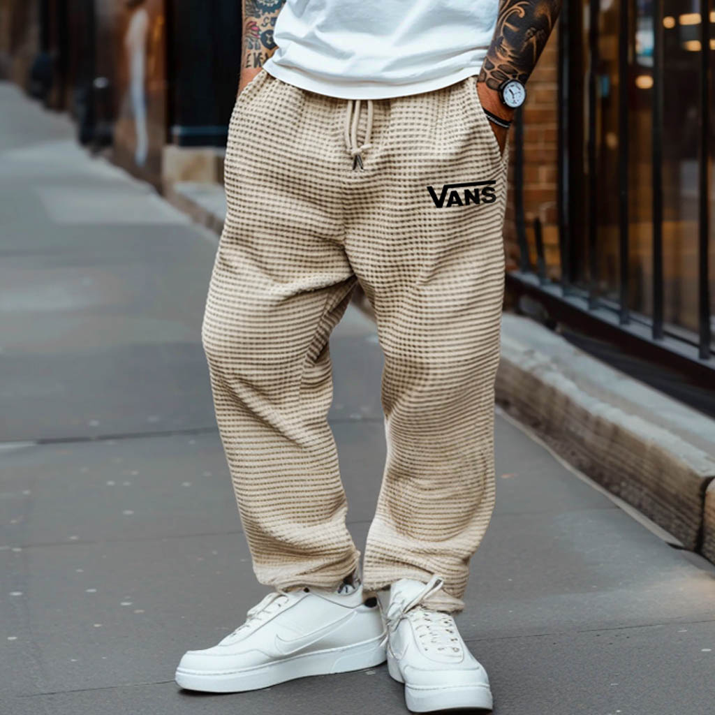 Men's Vintage Surfing Off The Wall Print Beige Waffle Knit Casual Pants