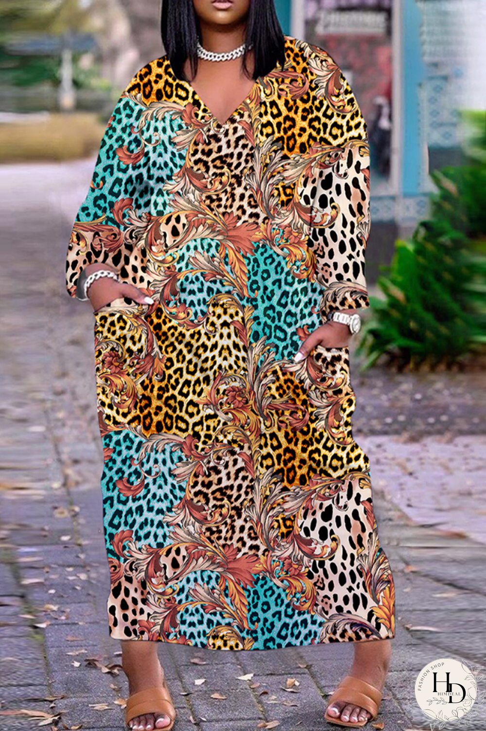 Leopard Print Casual Print Patchwork V Neck Straight Dresses