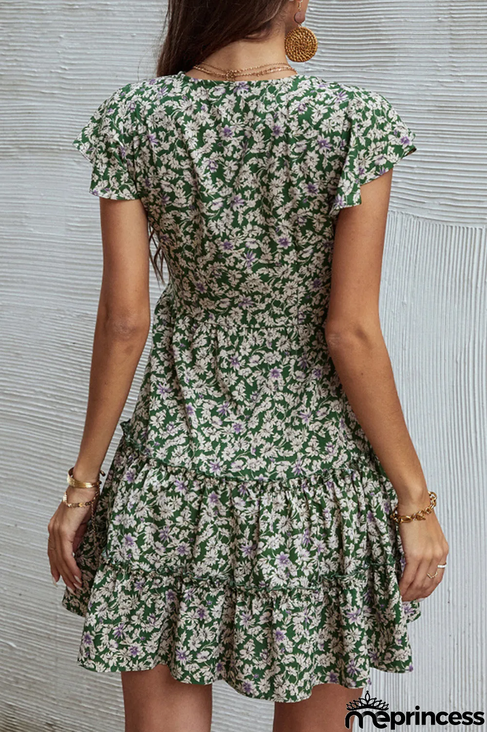 Fashion Elegant Floral Buckle Flounce V Neck A Line Dresses