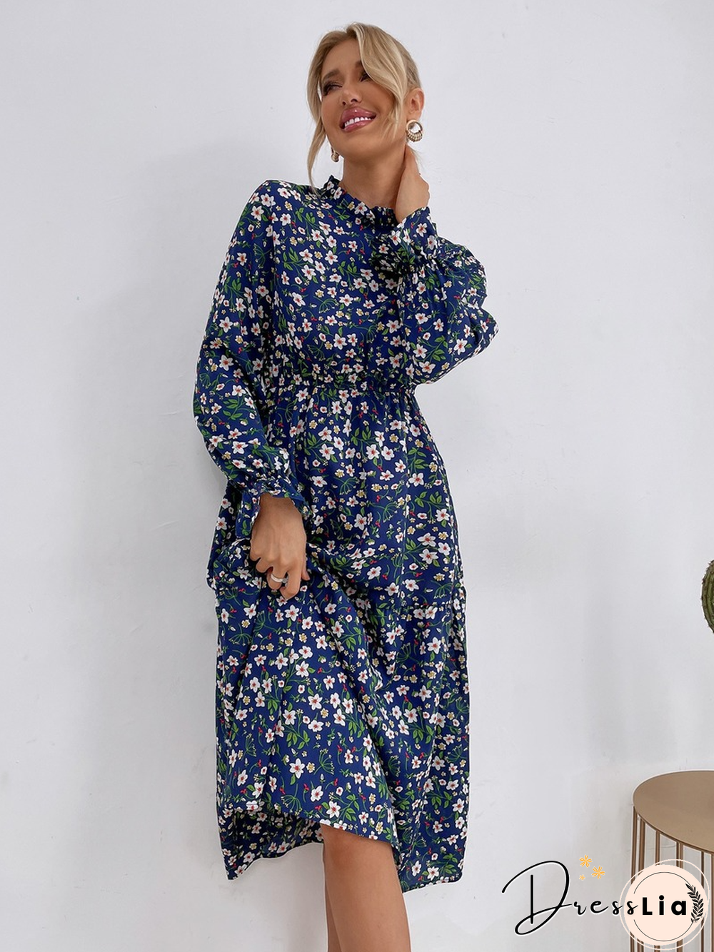 Elegant Fashion Slim Floral Print Dress Women Spring Dress New Casual High Waist Sexy Full Flared Sleeve Midi A-line Dress