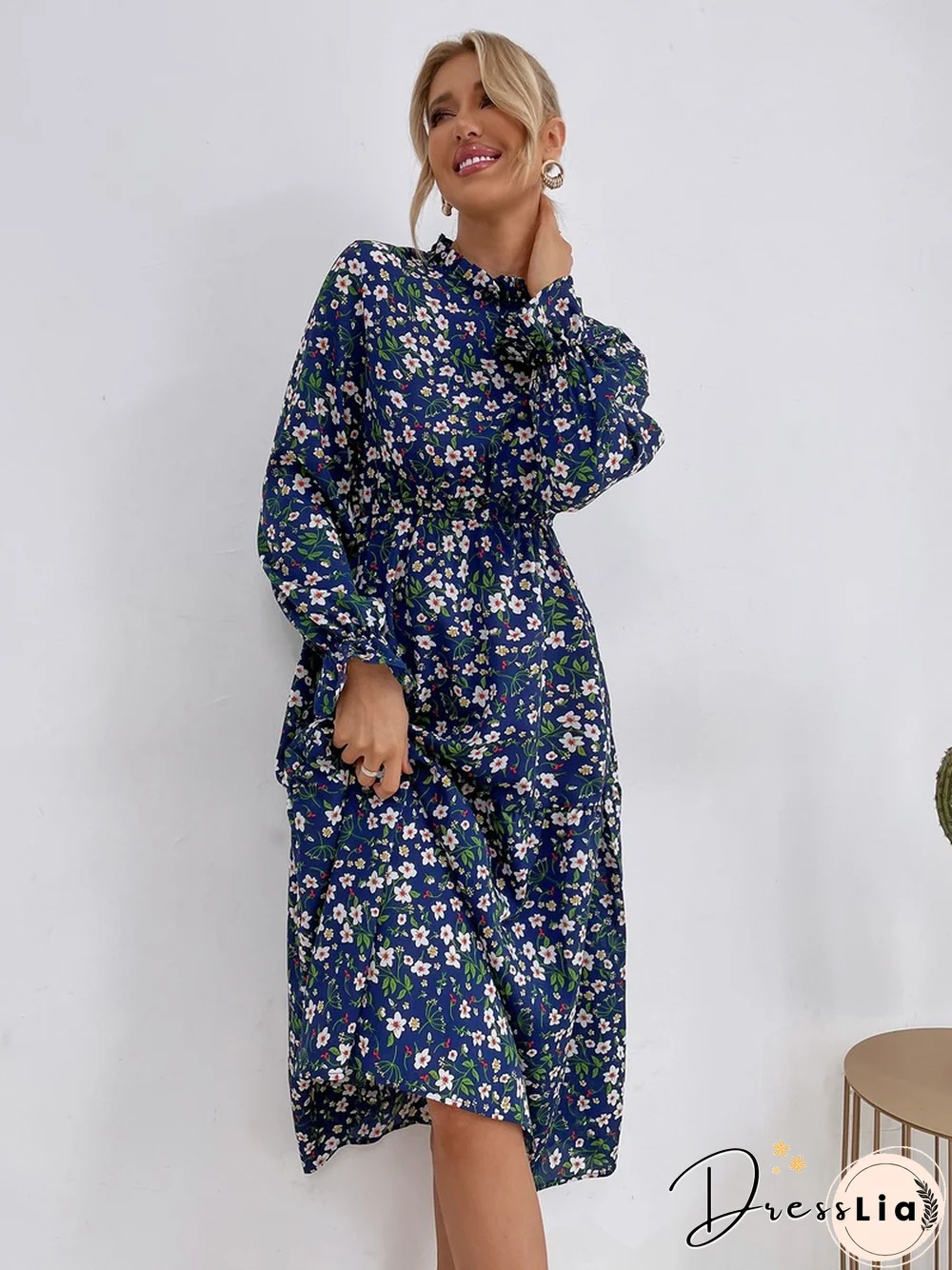 Elegant Fashion Slim Floral Print Dress Women Spring Dress New Casual High Waist Sexy Full Flared Sleeve Midi A-line Dress