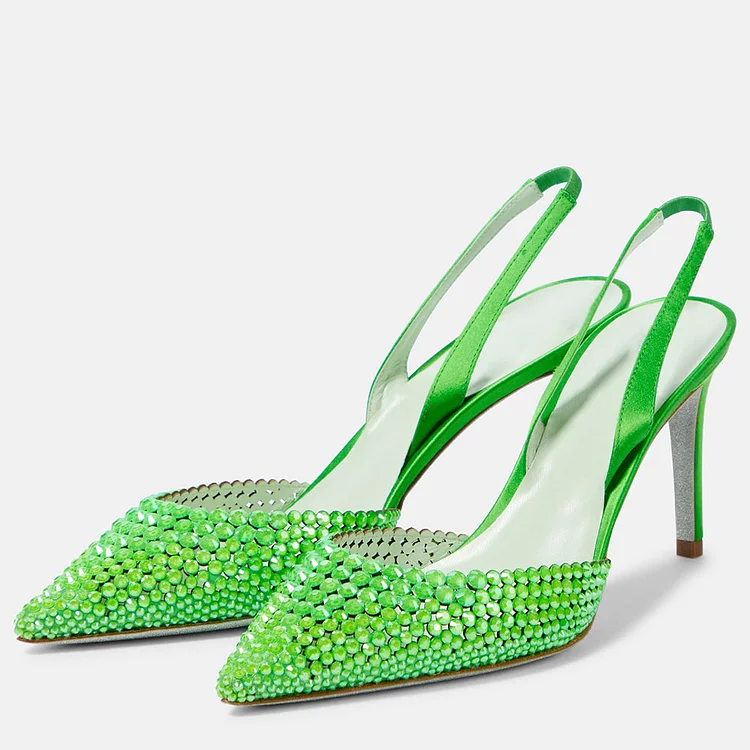 Green Satin Pointed Toe Evening Shoes Rhinestone Slingback Pumps |FSJ Shoes