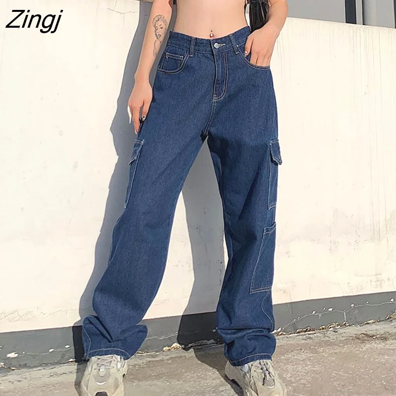 Zingj Loose Jeans Casual Work Pants women Hip Hop Jeans woman Cotton Trousers 1 Pocket women Clothes Blue/black/white Jeans