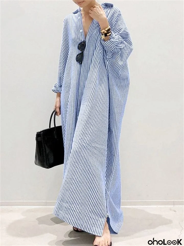 Women's Plus Size Office Irregular Linen Vertical Stripe Long Dresses