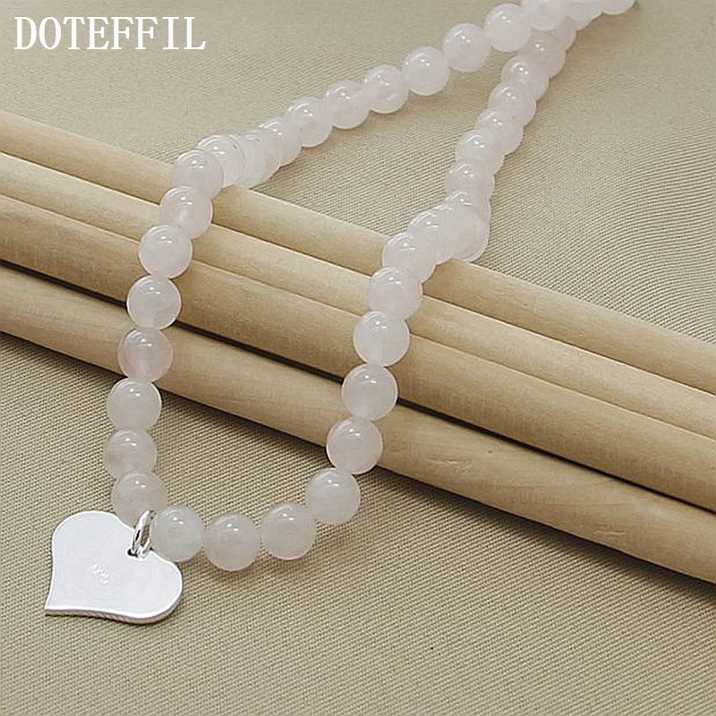 DOTEFFIL 925 Sterling Silver Pink agate Beaded Heart Pendant Necklace For Women Jewelry