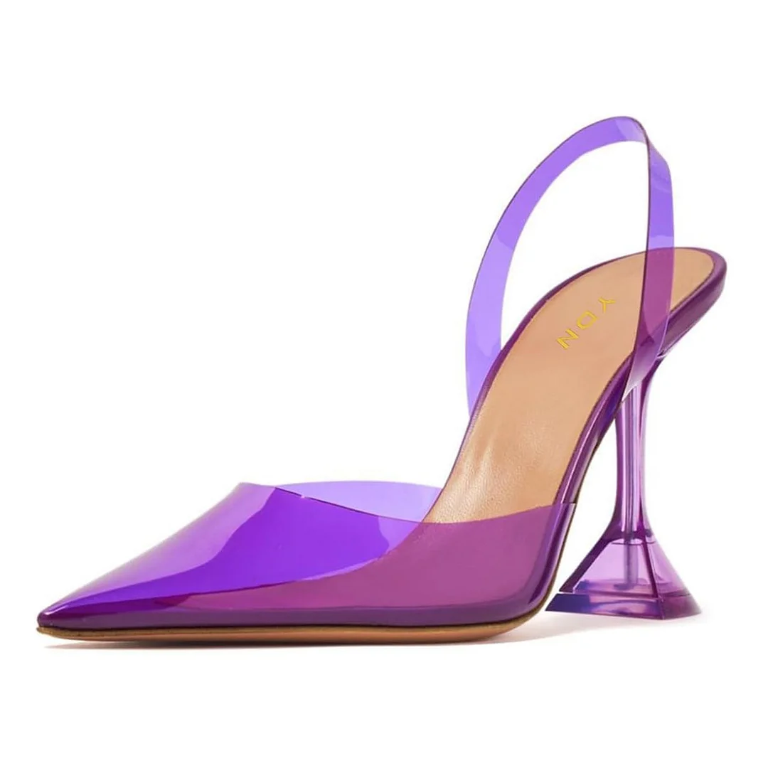 Women's Flared Heel Pointed Toe Purple Clear Slingback Heels