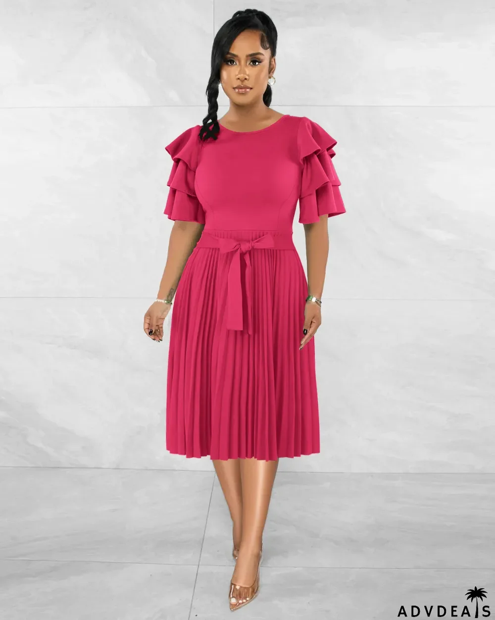 Summer Women Round Neck Ruffle Short Sleeve Pressed Pleated Dress