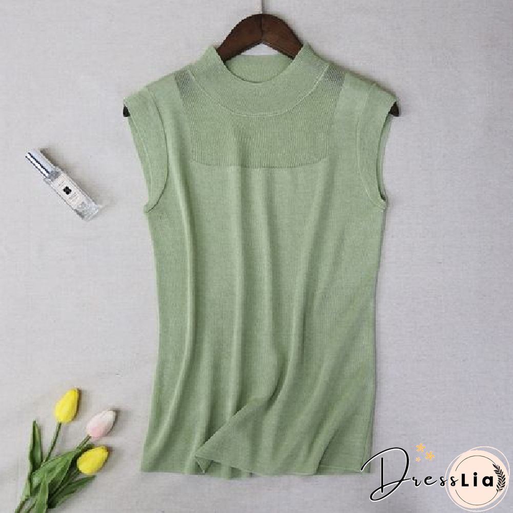 Hollow Out Sleeveless Women Knitted T Shirts Turtleneck Black Lace Sexy Lady Vest T Shirts Pink Loose Summer Thin Knit Tops