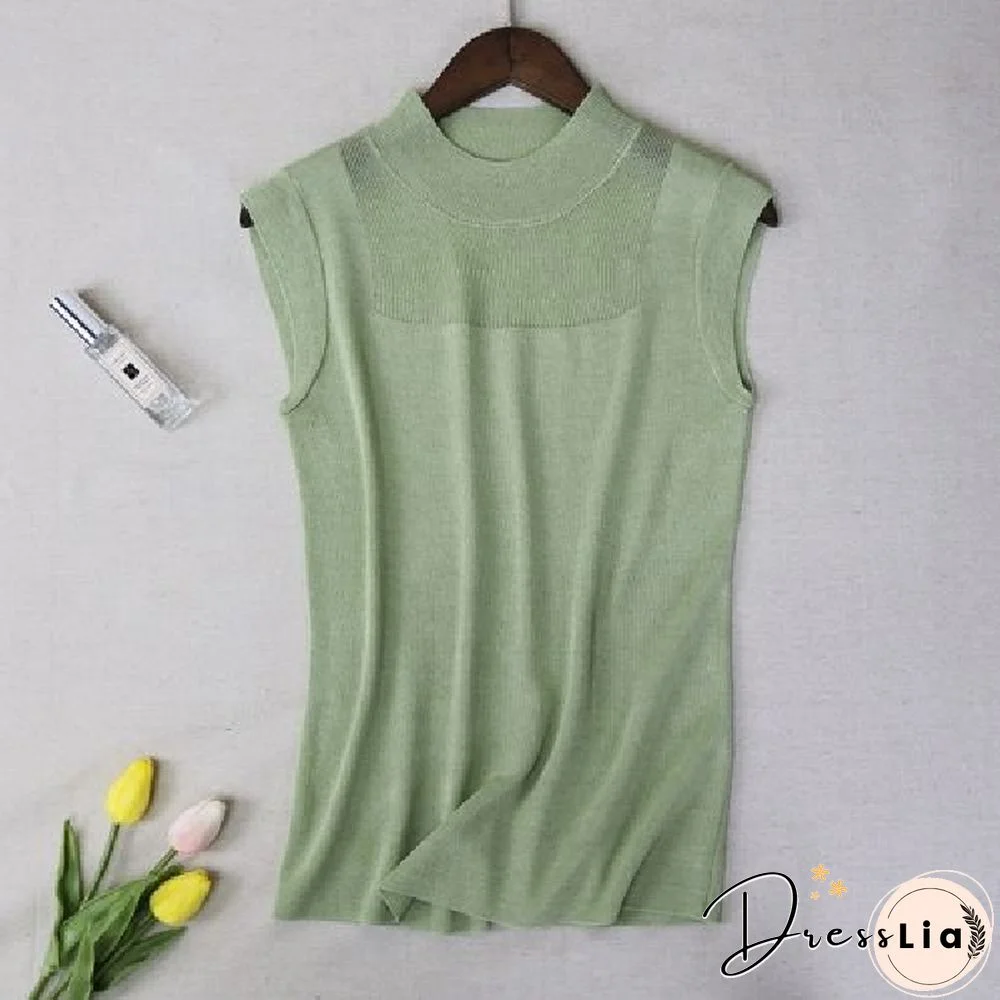 Hollow Out Sleeveless Women Knitted T Shirts Turtleneck Black Lace Sexy Lady Vest T Shirts Pink Loose Summer Thin Knit Tops