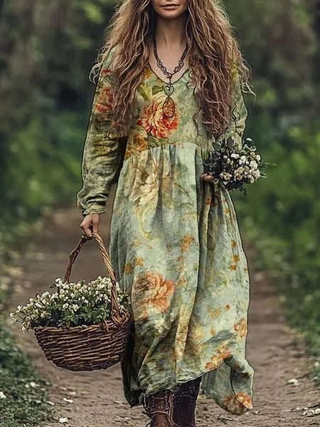 Retro Floral Art Print V-neck Elegant and Chic Long Sleeve Midi Dress