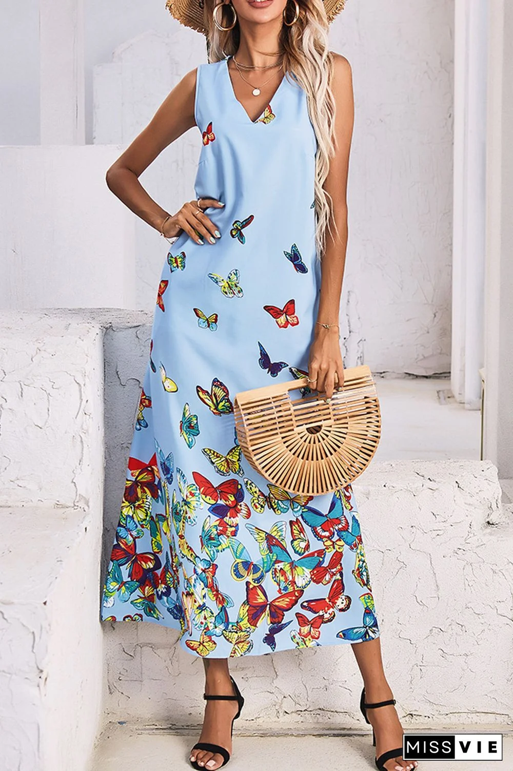 Elegant Butterfly Print Split Joint Pocket V Neck A Line Dresses