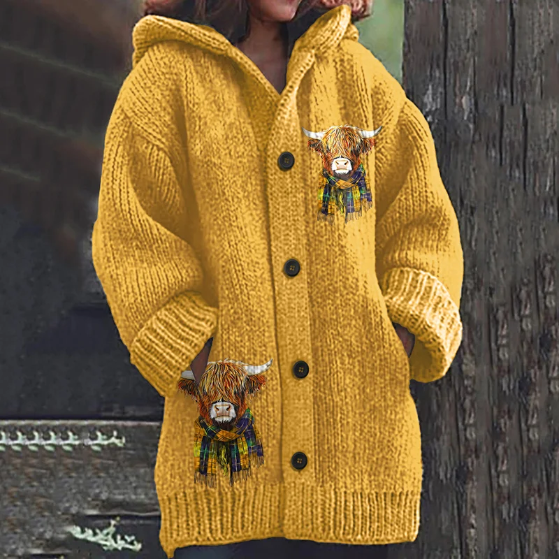 Vintage Plaid Highland Cow Knit Hooded Cardigan