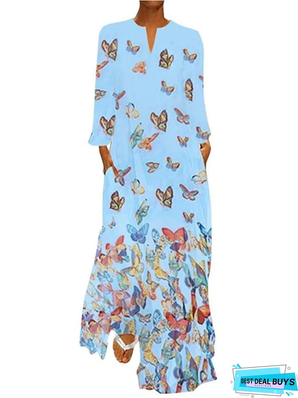 Women's Shift Dress Maxi Long Dress - Long Sleeve Butterfly Spring Fall Hot Loose White Yellow Blushing Pink Light Blue