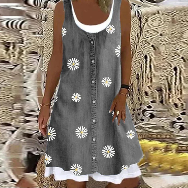 Casual Daisy Print Sleeveless Mini Dress