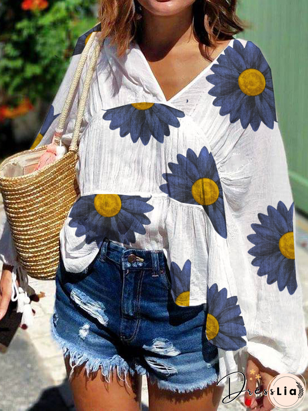White-Blue Floral Batwing Cotton V Neck Shirts & Tops