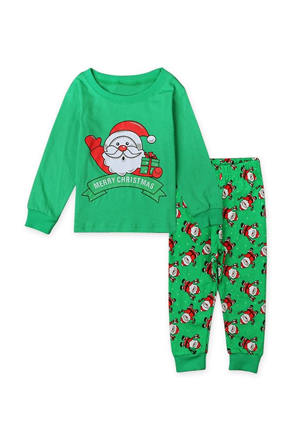 Long Sleeve Cartoon Santa Claus Print Kids Boys Christmas Pajama Green-elleschic