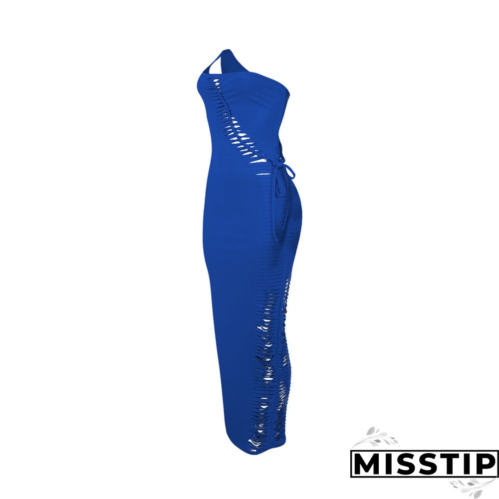 One Shoulder Sleeveless Cut Out Lace Up Maxi Dress