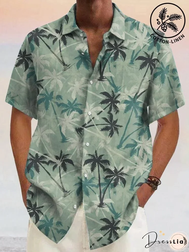 Hawaiian Coconut Tree Graphic Cotton Linen Shirt