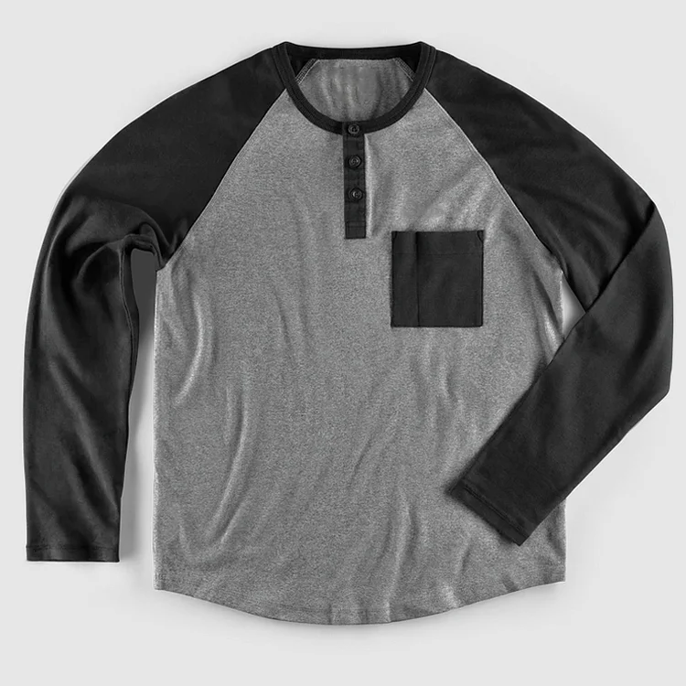 Classic Black And Gray Patchwork Raglan Sleeve Henley Shirt