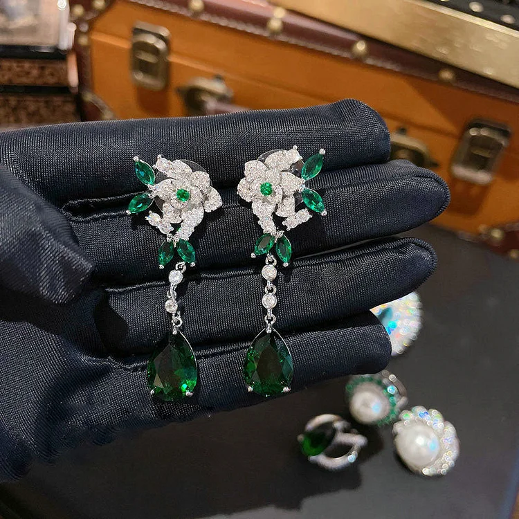 Peacock Green Camellia Drop Zirconia Earrings