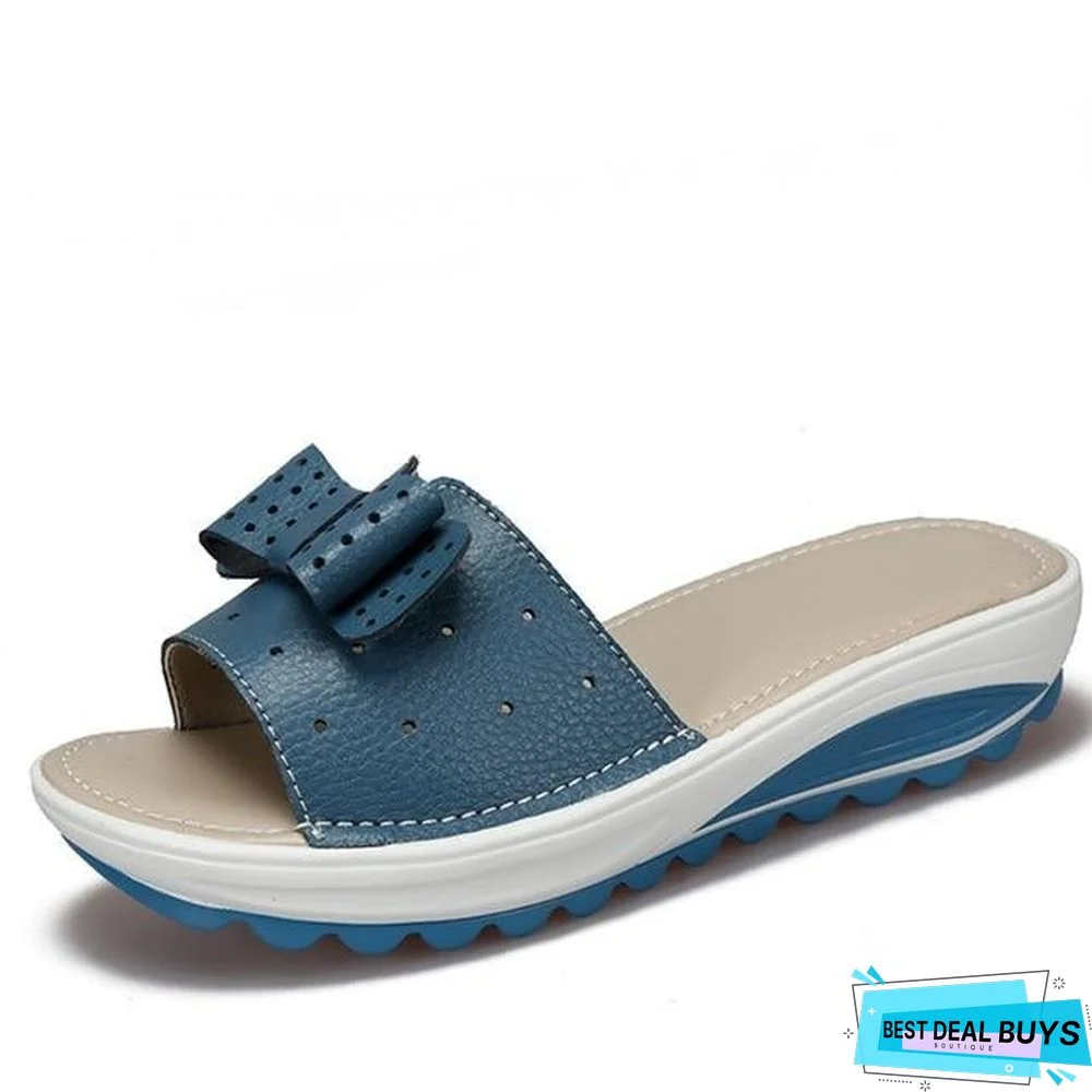 Summer Women Butterfly Knot Pu Leather Cut Out Flat Heels Slippers Sandals