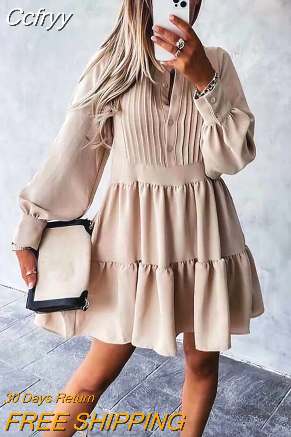 huibahe Ruffle Button Casual Dress Women 2023 Spring Long Sleeve Loose A-line Mini Dress For Woman Pink Office Ladies Clothes