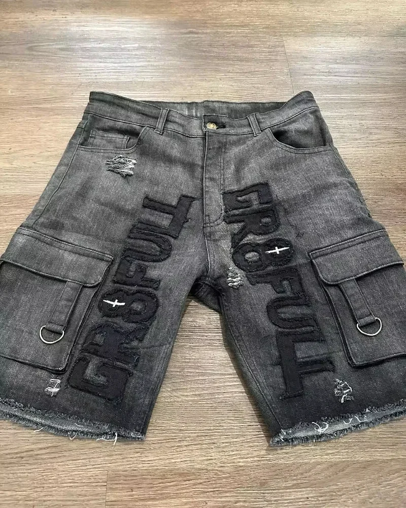 Multiplewell American Y2K New Fashion Trend Letters Embroidered Denim Shorts Men Street Hip Hop Retro Loose Jeans Couple Casual Denim Shorts