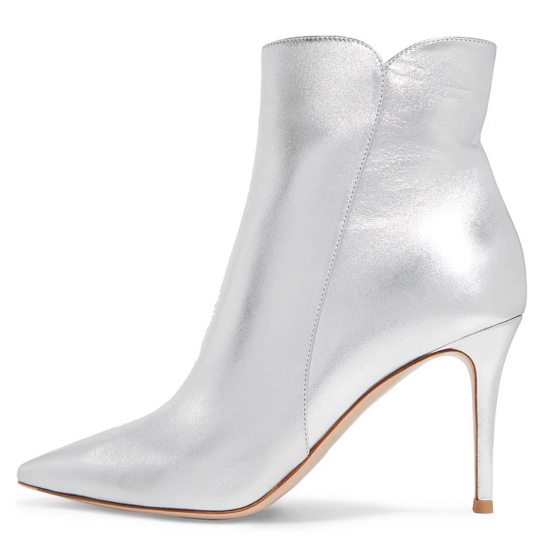 Silver Pointed Toe Stiletto Heel Ankle Boots with Side Zipper