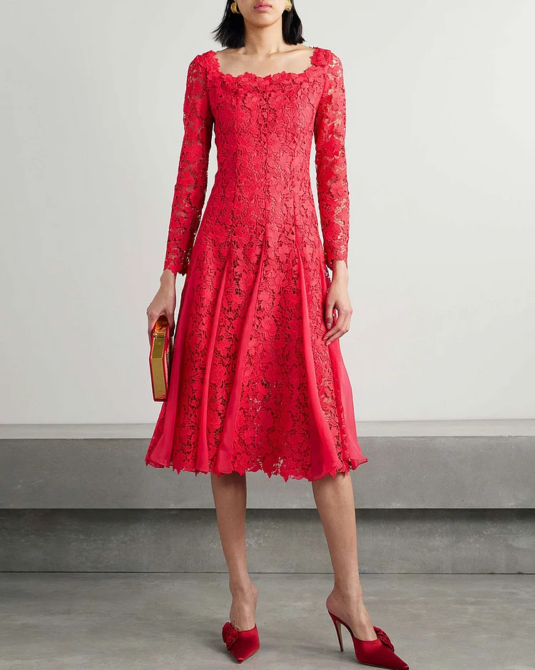 Silk-chiffon trimmed guipure lace dress