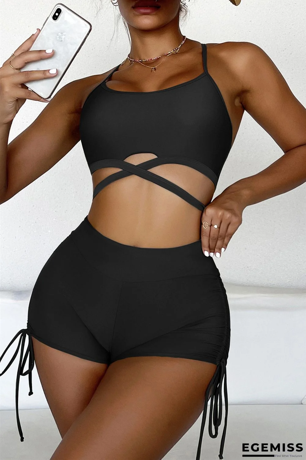 Black Fashion Sexy Solid Frenulum Backless Swimwears (With Paddings) | EGEMISS