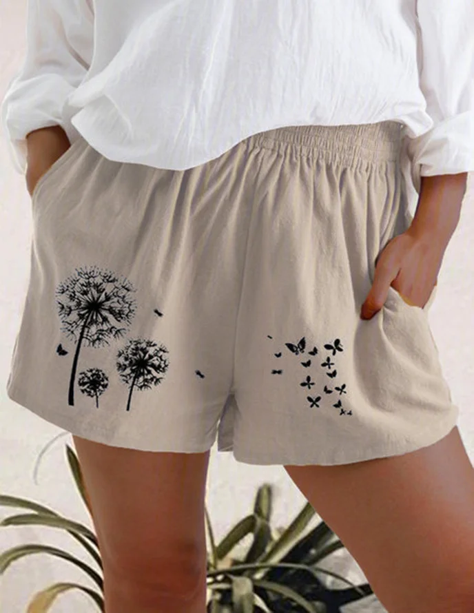 Plus Size Dandelion Printed Loose Cotton and Linen Pocket Casual Shorts VangoghDress