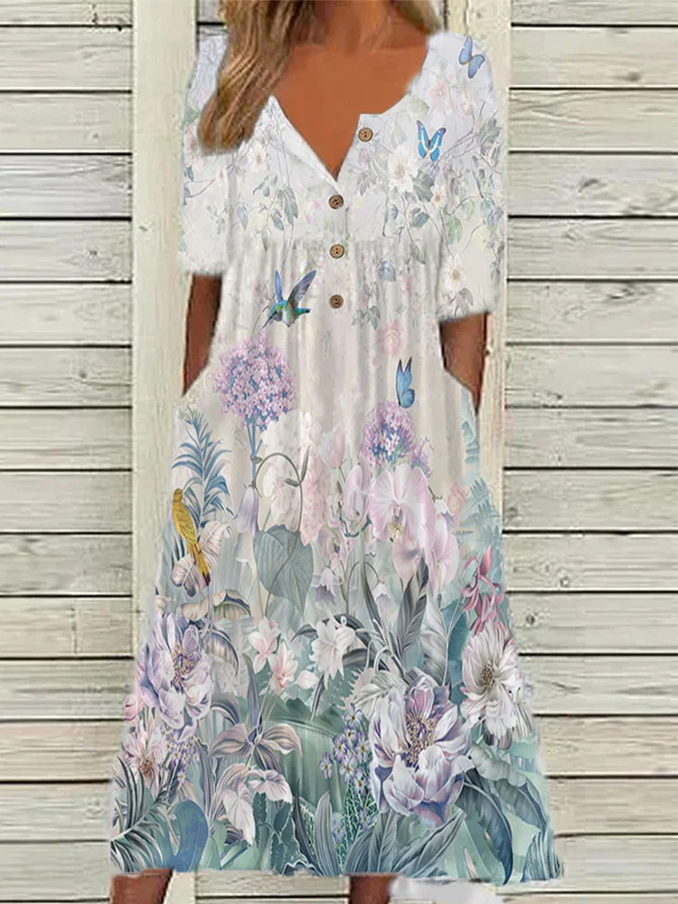 Flowers And Butterfly Art Button Pocket Midi Dress
