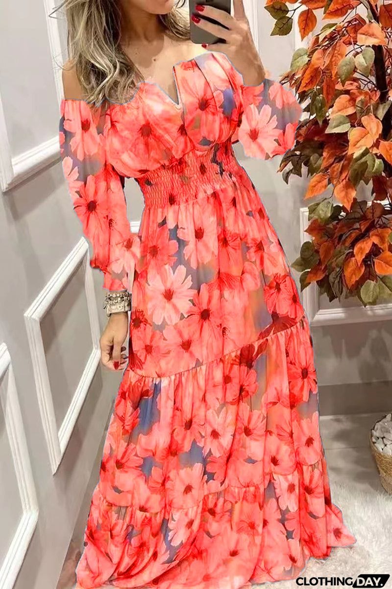 Floral Off Shoulder V Neck Maxi Dress