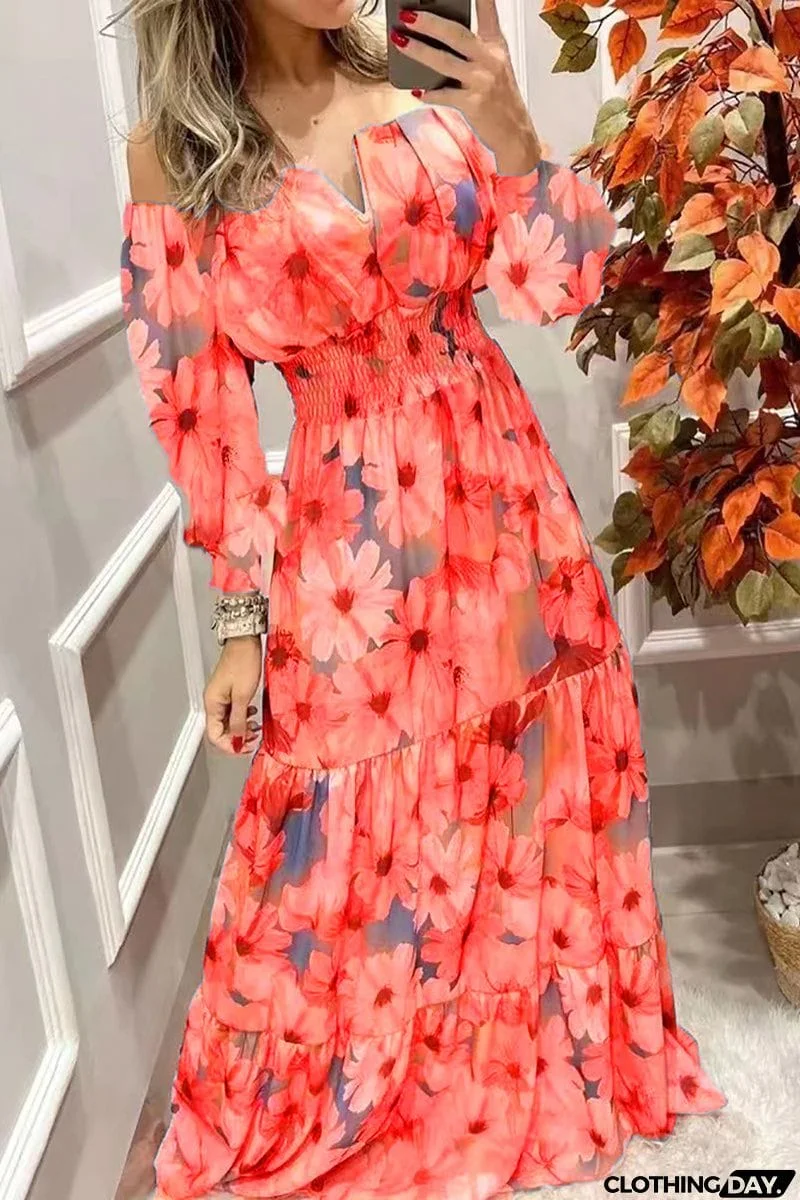 Floral Off Shoulder V Neck Maxi Dress